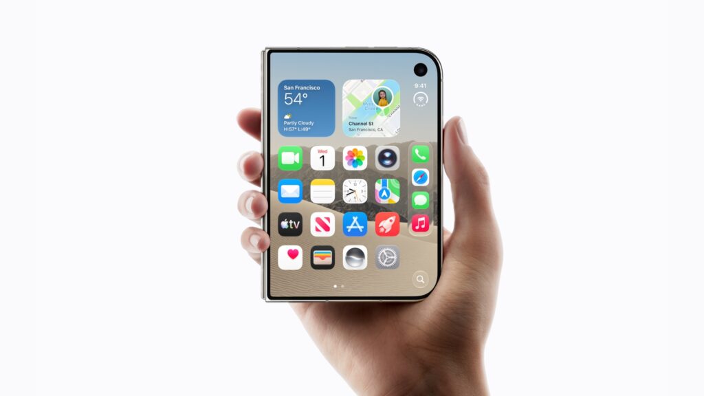 Chronologie de l’iPhone Duo : l’appareil en cours d’ouverture, photo officielle d’Apple