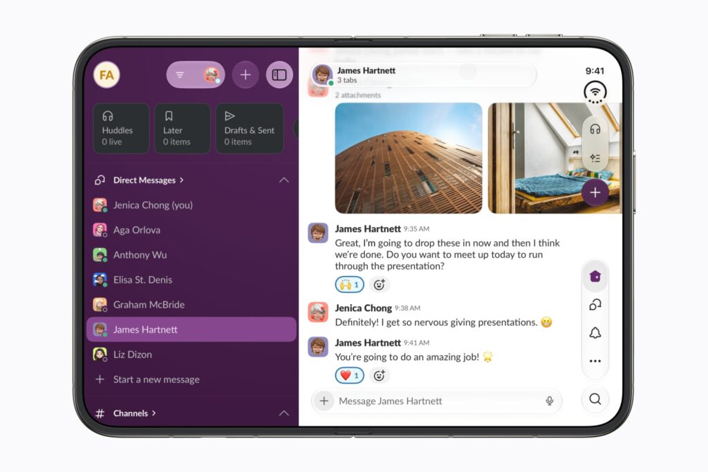 L’application Slack, optimisée pour l’écran intérieur de l’iPhone Duo
