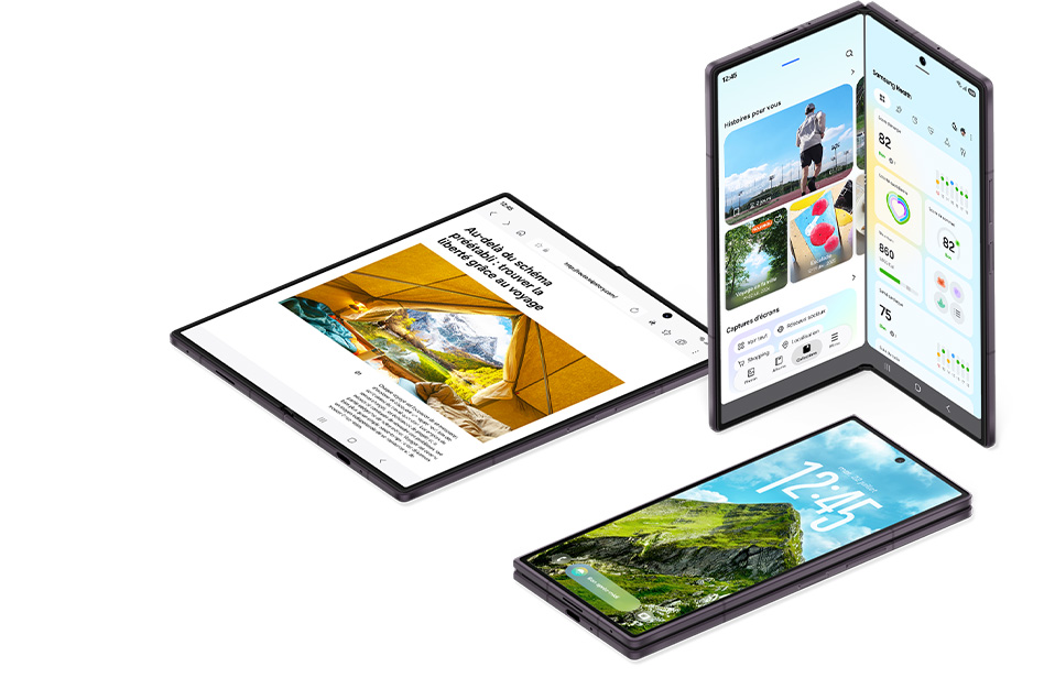 iPhone Duo vs Galaxy Z Fold8 Ultra : trois Galaxy Z Fold8 Ultra pliés et dépliés